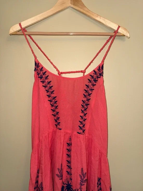 Free People Meadows Of Medallion Slip Swing Dress S coral Embroidery Boho Beach - Picture 5 of 12